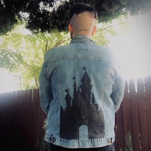 Mens size L denim jacket with custom Disney castle print